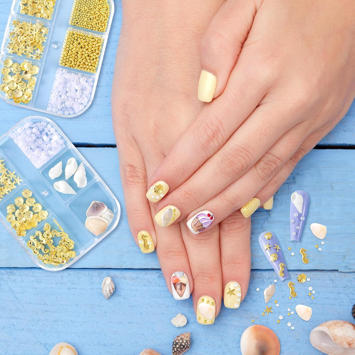 2 Boxes Ocean Beach Nail Art Charms, Gold 3D Starfish Seashell Nail Decoration G