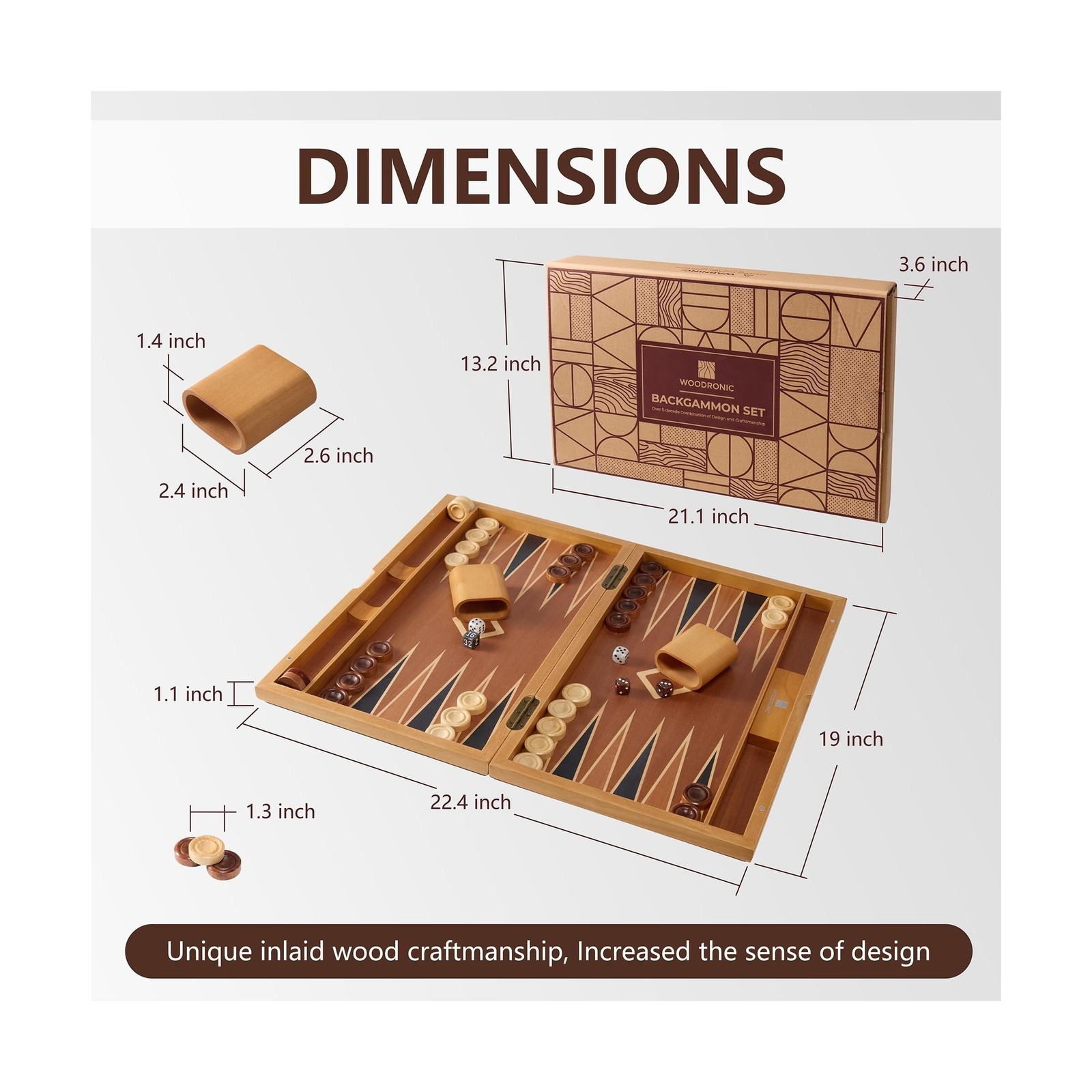 Wooden Backgammon Set for Adults – 19 Inch Classic Board Game Case – Premi