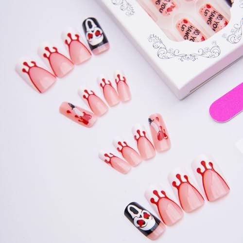 24Pcs Halloween Long Square French Tip Press On Nails, Bloody Ghost Design, Acry