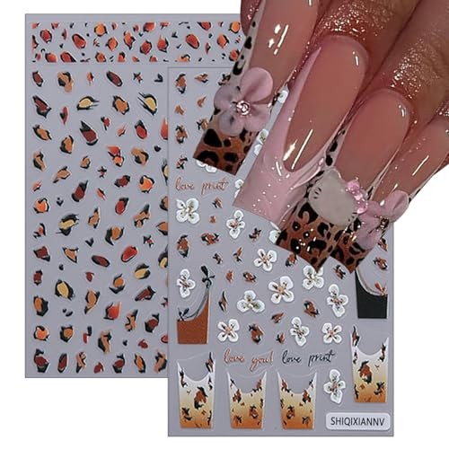 8 Nail Stickers 3D self-Adhesive French Nail Stickers Hibiscus Leopard Print
