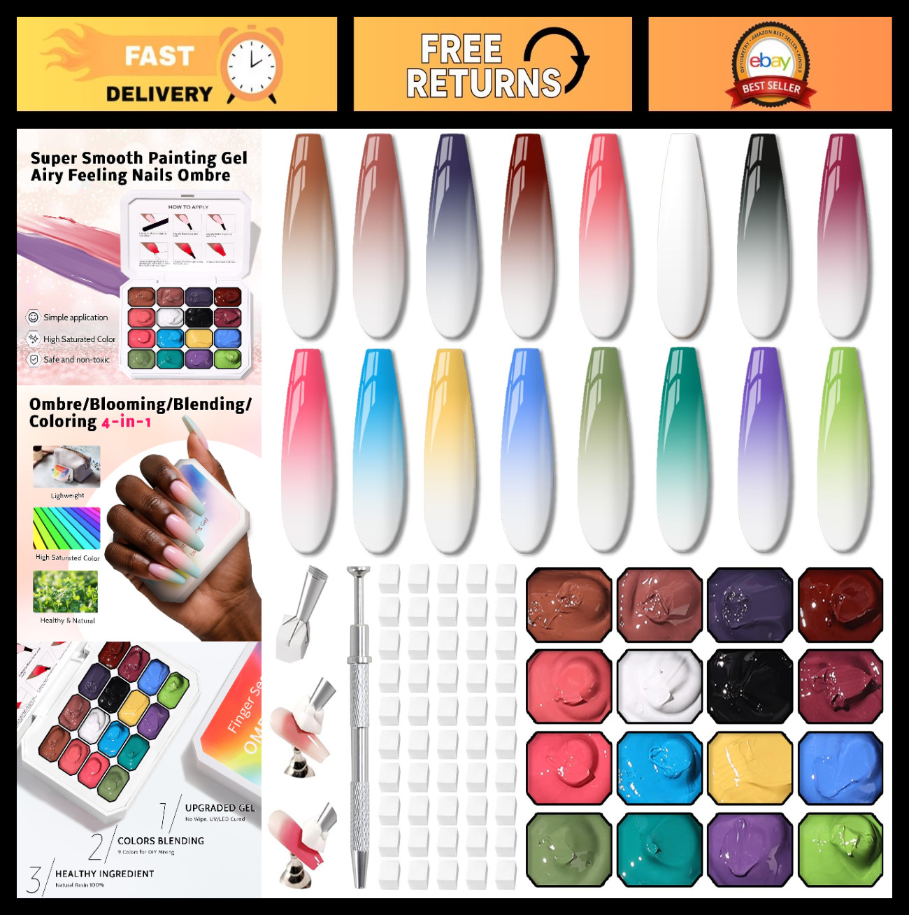 Ombre Nail Gel Set – Gradient Blush & Floral Art, No Wipe, UV/LED Curing, 16 Col