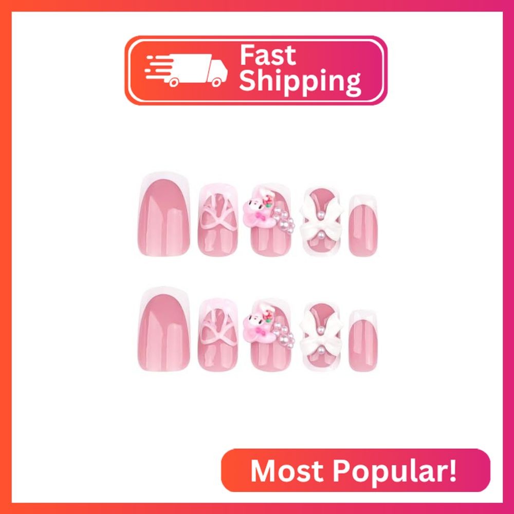 White French Tip Press on Nails Short with Charms Bow Pearl Design, Pink French