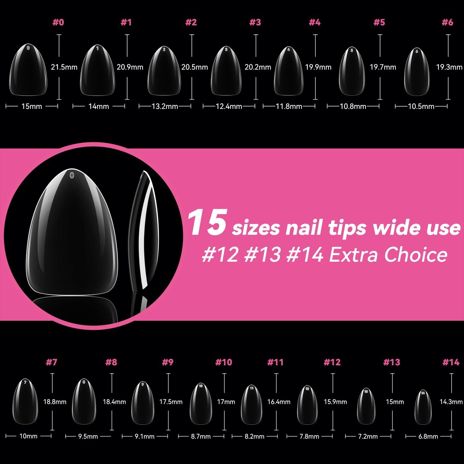 360pcs Short Almond Gel Nail Tips – Clear Press-On Nails, 15 Sizes, DIY Salon Qu