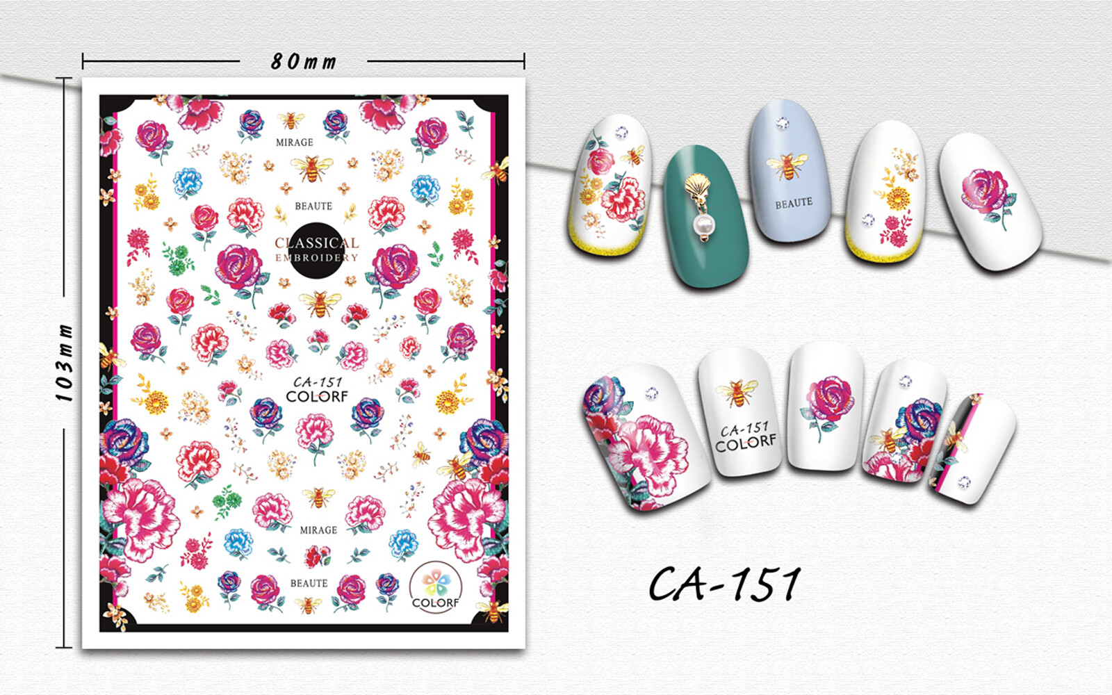 Nail art 3D stickers decal blue pink yellow flowers CA151