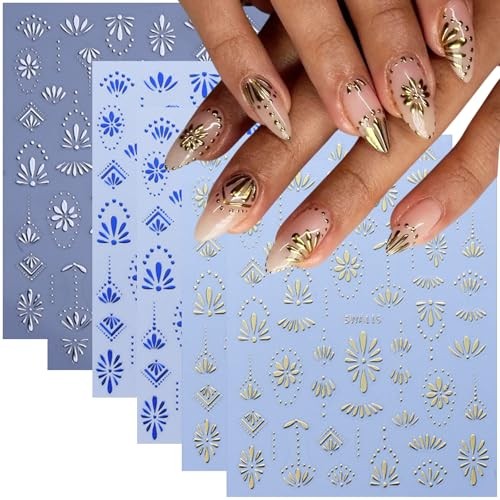 6 Sheets Flower Nail Stickers Decals Gold Nail Art Stickers 3D Flower-6
