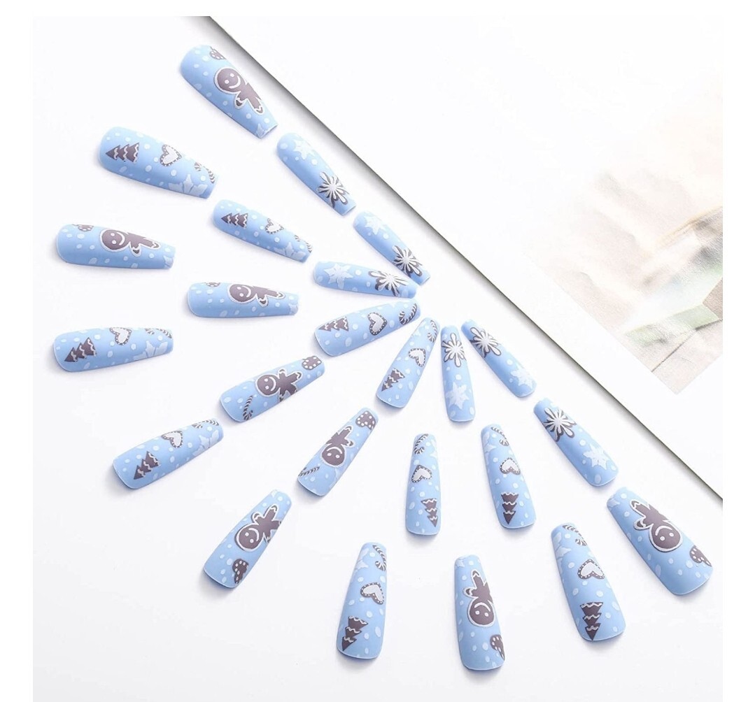 24 Matte Blue Christmas Press on nails kit glue on snow flake festive winter