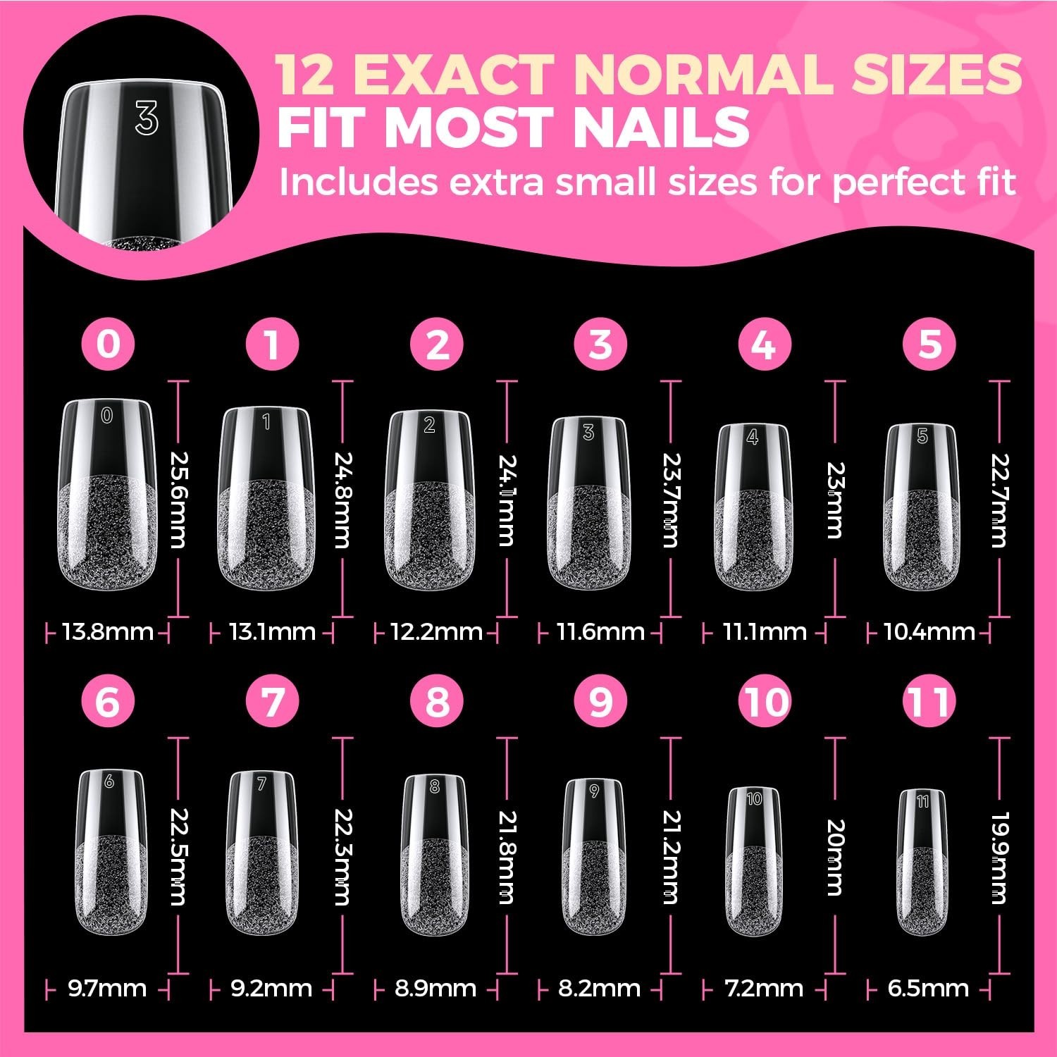 UNA GELLA Square Fake Nails 504pcs Clear Gel Tips 12 Sizes Full Cover Nail Kit