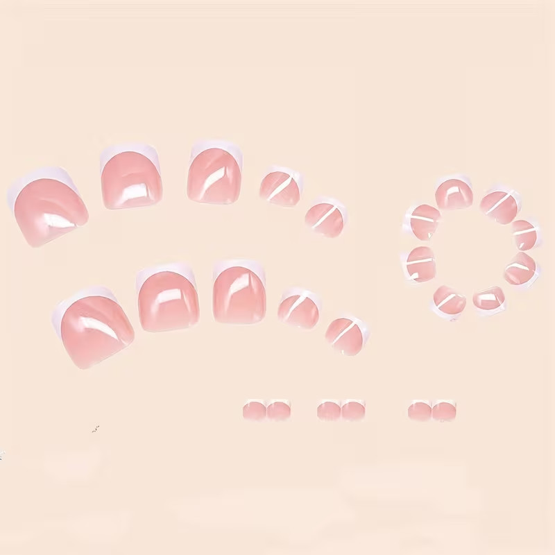 24pcs Short Square Press-On Toe Nails Set, White French Design Toenails