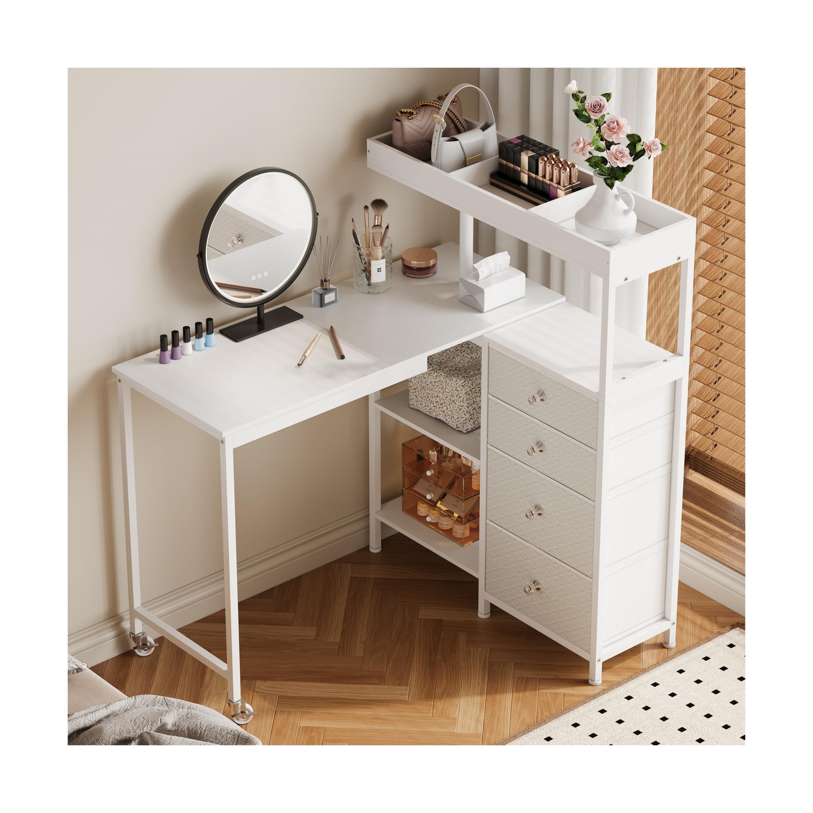 L-Shaped Manicure Table with Drawers and Storage Shelves,Rotating Nail Workst…