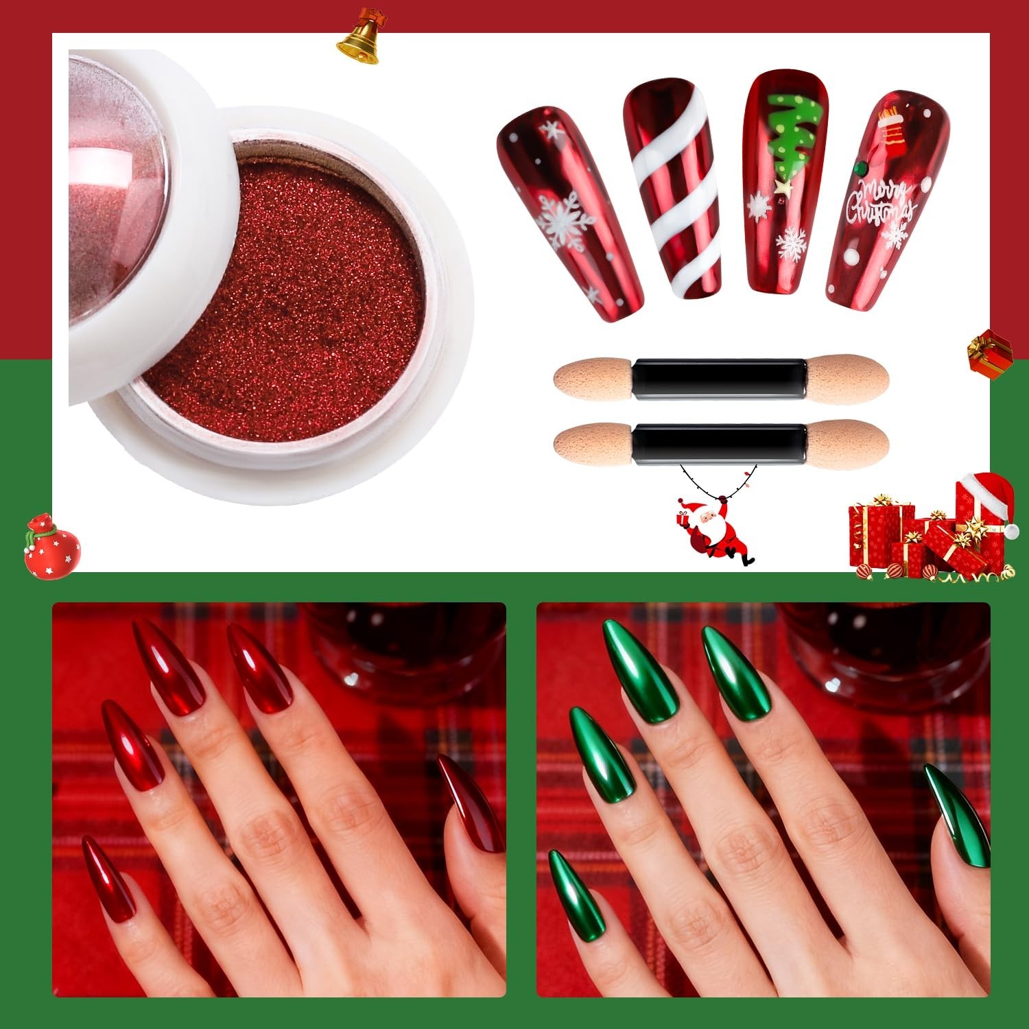 Holographic Mirror Effect Red Green Chrome Nail Powder – Perfect for Holiday Art