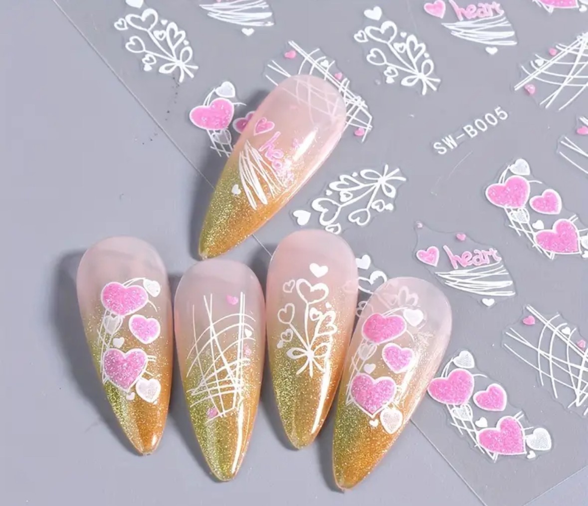 Nail Art Stickers WHITE AND PINK GLITTER HEARTS ABSTRACT LINES SW-B005