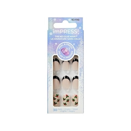KISS imPRESS Holiday Press on Nails, Soft Glowing Snow, Beige, Short Oval, 30 Ct