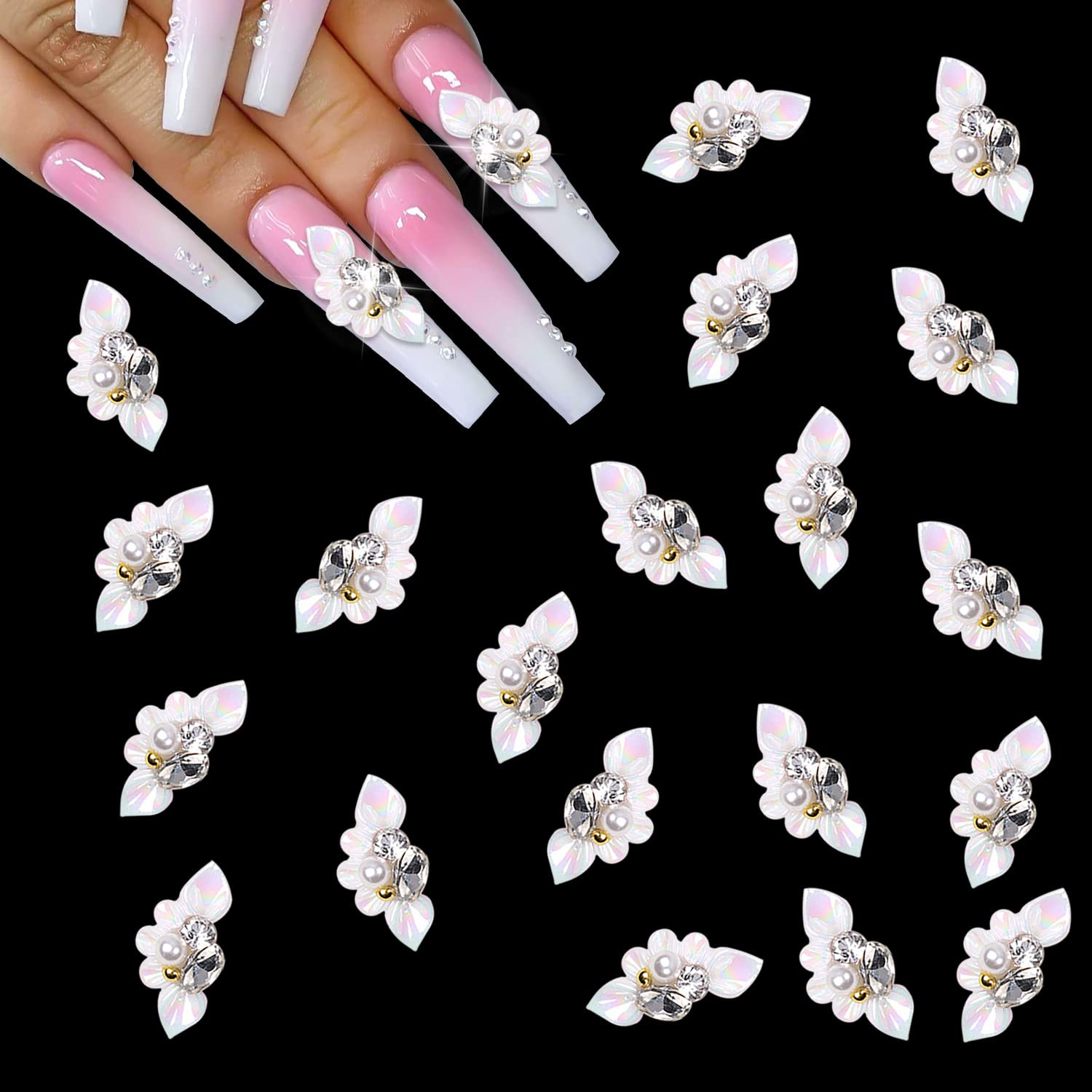 20Pcs White Flower Nail Charms, 3D Flower Beads for Nails Resin & Acrylic Cry…