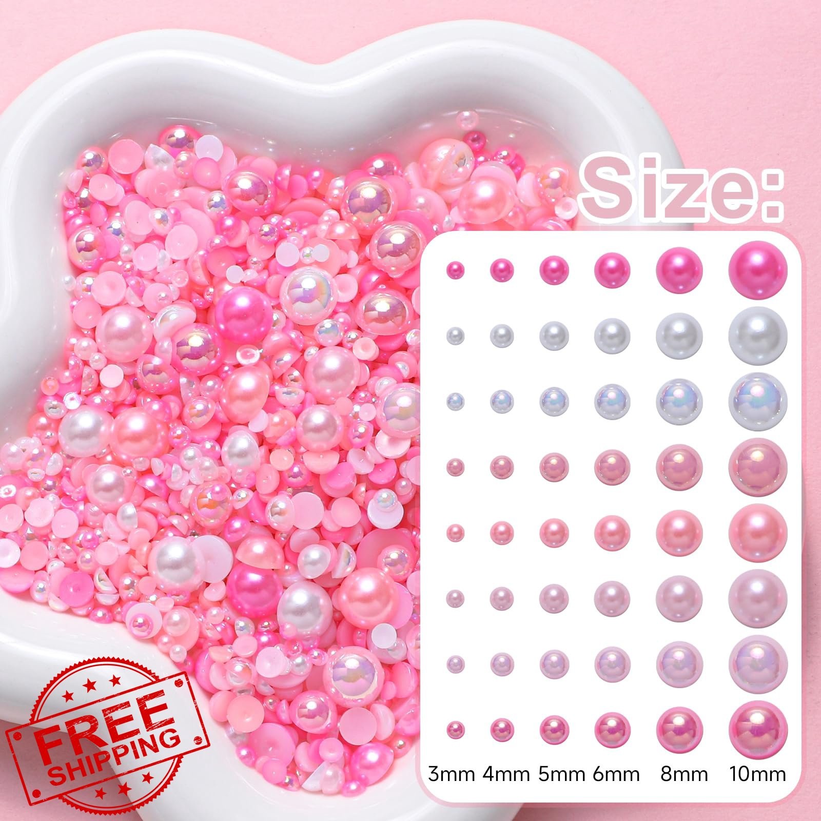 Flatback Pearls for Crafts, Mixed Pink White Nail Gems 3-10mm