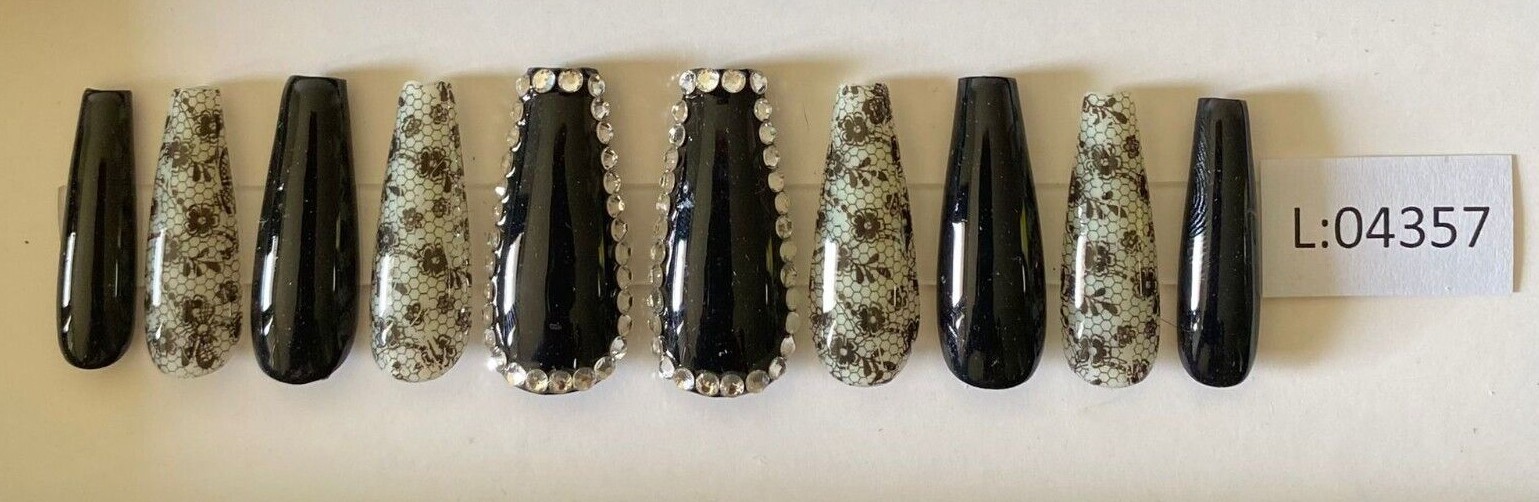 Black Blitz Nail + Custom Box | Ballerina Nail | Nail with Gems | Medium & Large