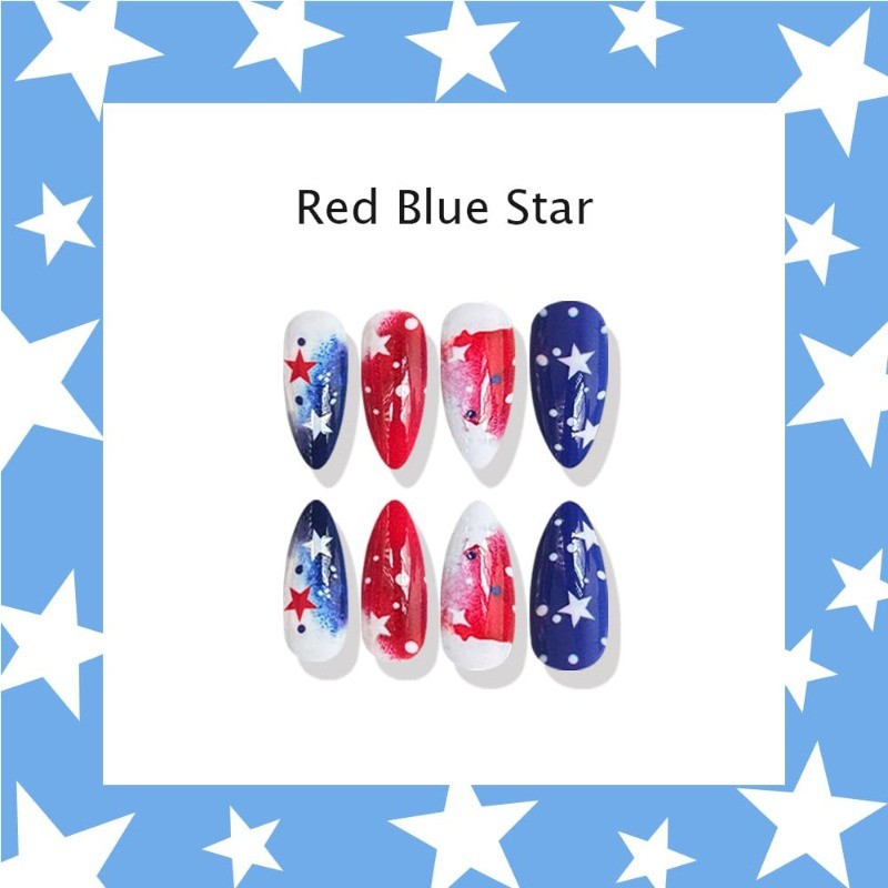 48p-4th of July Press on Nails with Ombre Red, White & Blue Star Accents, Glossy