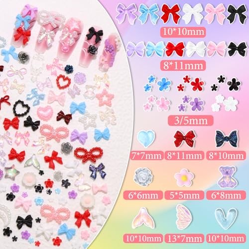 Bow Nail Charms Set 6 Colors Assorted 3D Charms for Nails Multiple Colorful