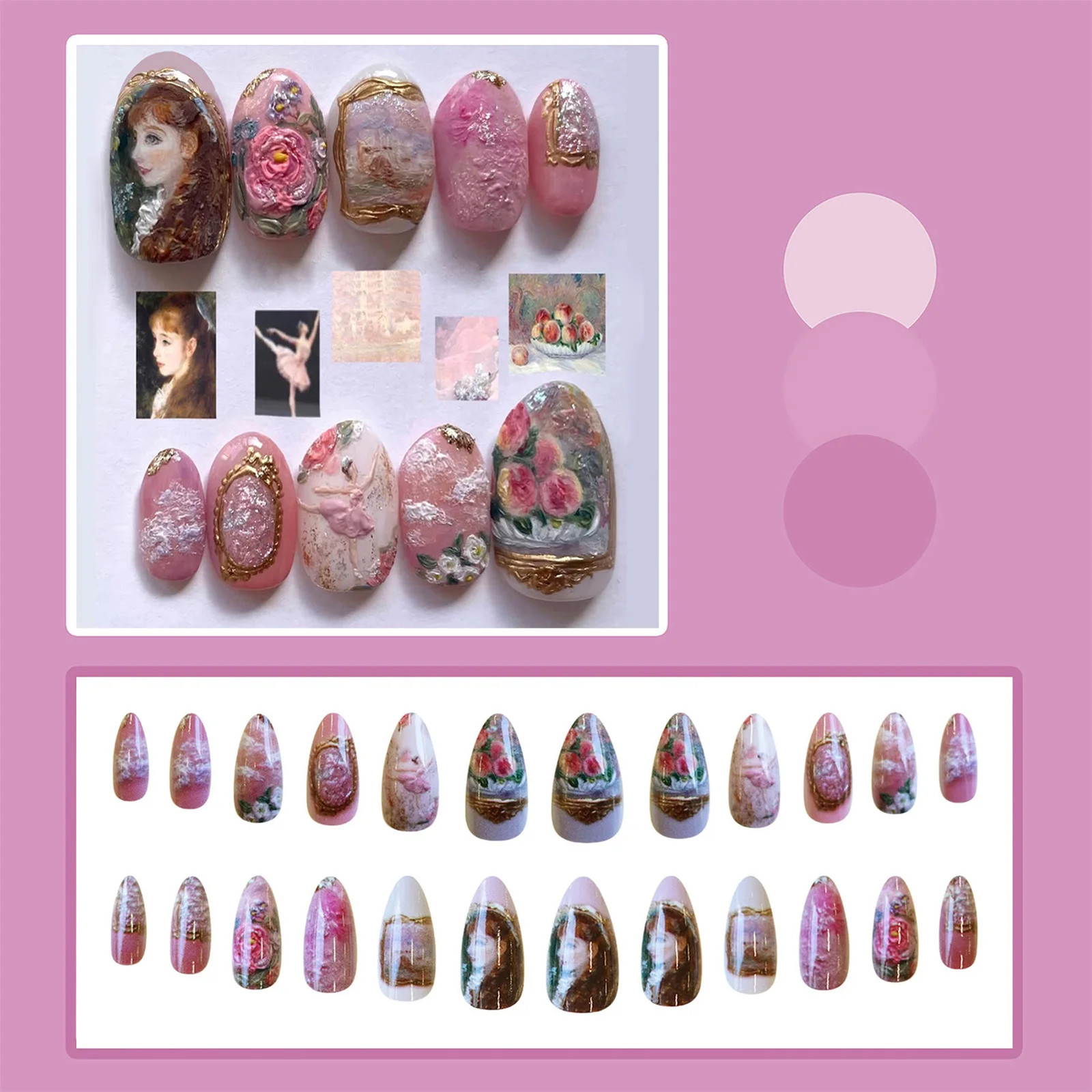 Temperament Gradient Rose 24pcs Almond Gentle Flower Press On False Fake Nails