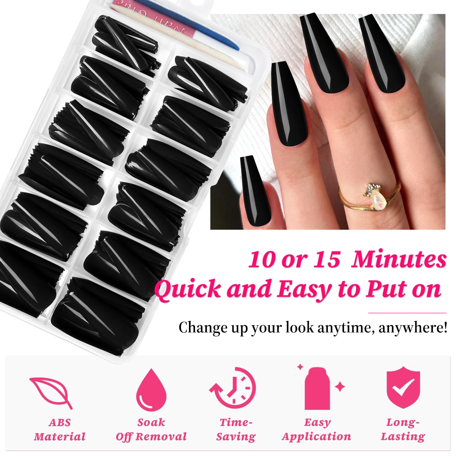 120PC Black Coffin Press on Nails Long Fake Nails Press ons with Glue Nail Ad…
