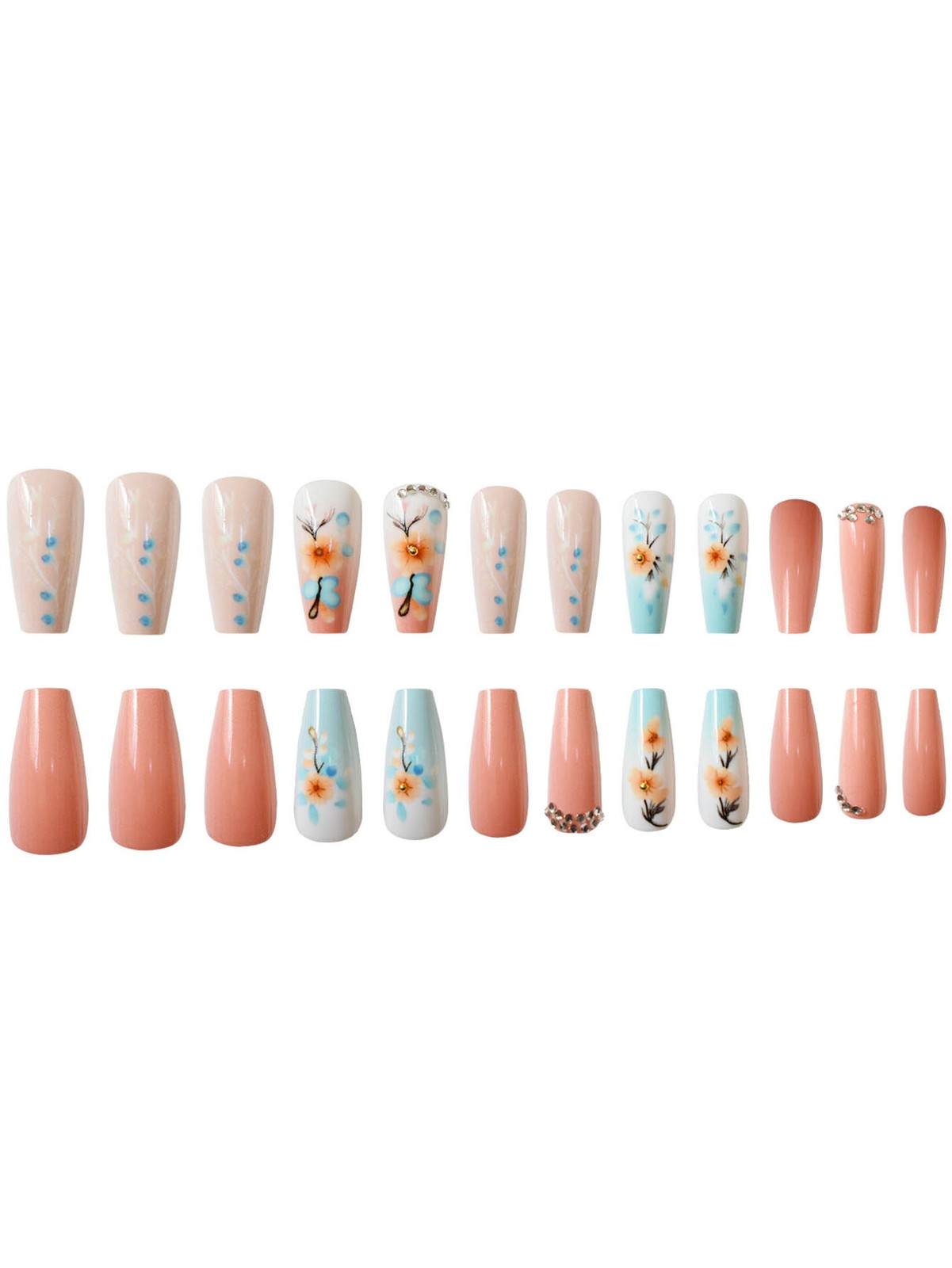 24PCS Sweet Cool 3D Floral Coffin Rhinestone Contrast Ballet Short Press On Nail