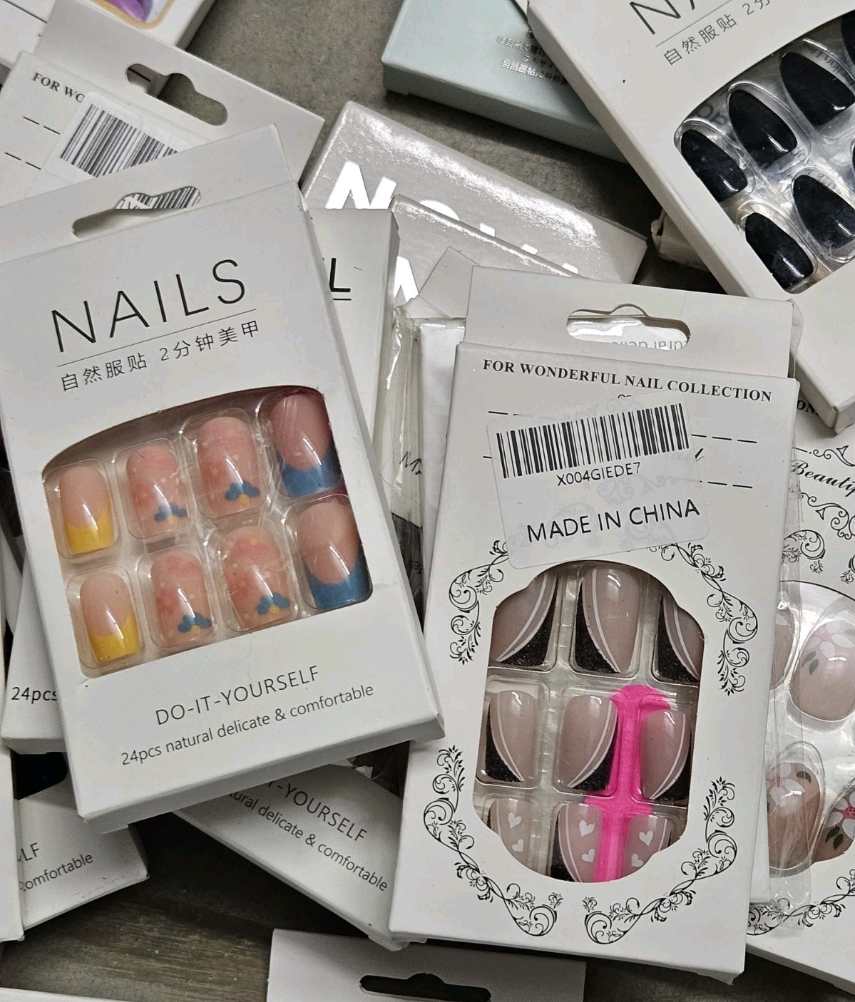 Bulk Lot Of 194 Different Brand Press-On Nails, Large Variety of Sizes And Style