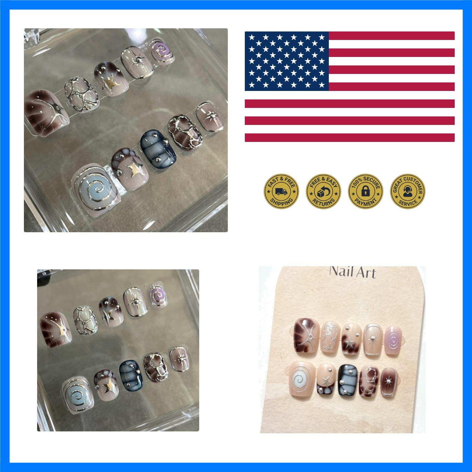 30Pcs Y2K Press on Nails Short Square False Nails Chrome Silver Irregular Lin…