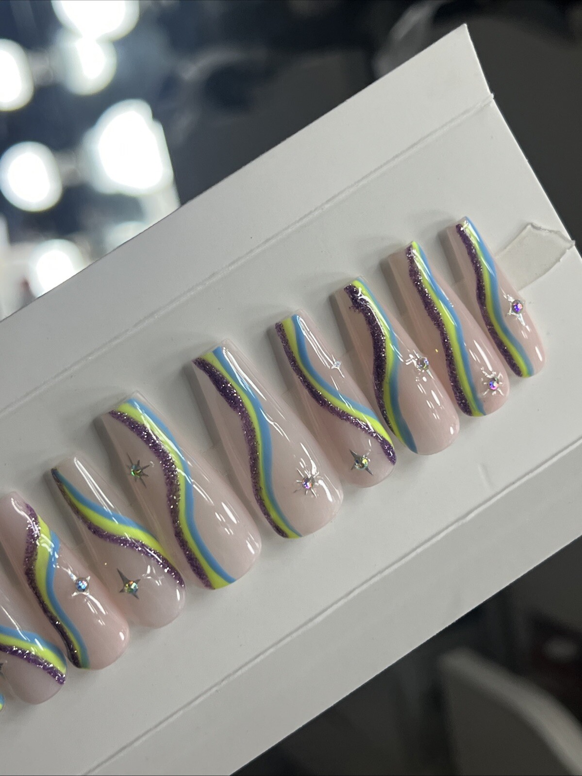 🔥CUSTOM Gel Press On False Nails, Nude W/ Bling ,Long Coffin,10p Mediun NEW