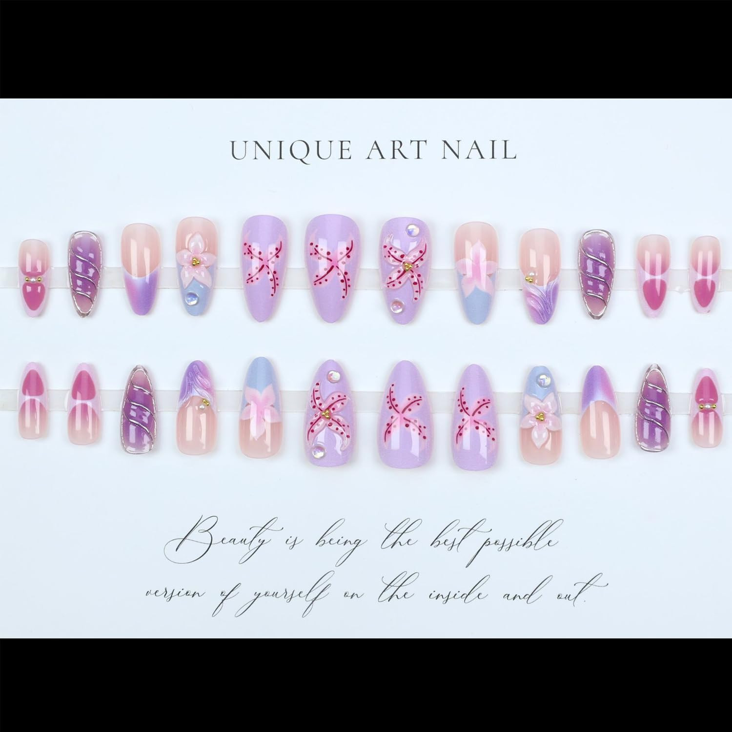Cute Flower Press on Nails Medium Almond Fake Nails 3D Pink White Flowers False