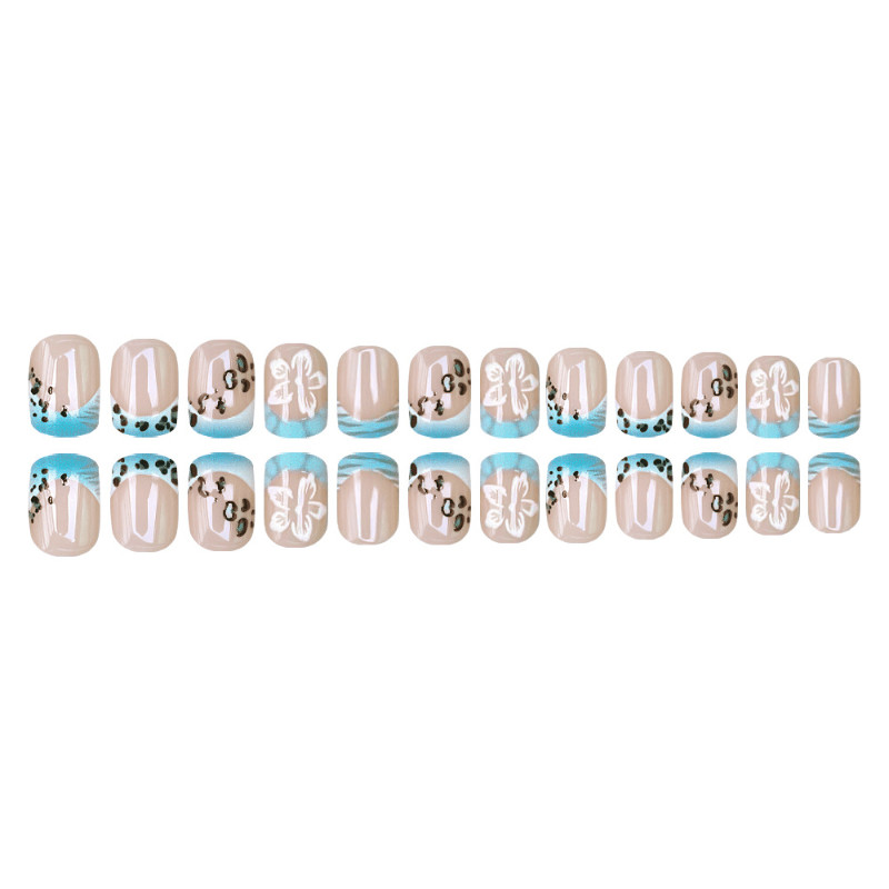 48Pcs Blue Leopard French Floral Coffin Press on Nails,Minimal Trendy Fake Nails