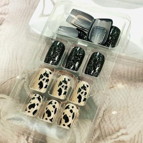 Black Press on Nails Square 24Pcs Glossy Full Cover Medium Acrylic Square