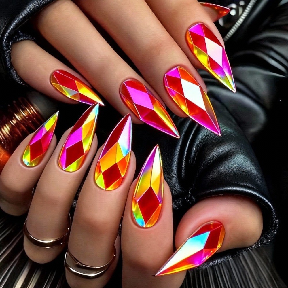 24pcs Gold Diamond-Cut Stiletto Press-On Nails, Luxe for Weddings & Parties
