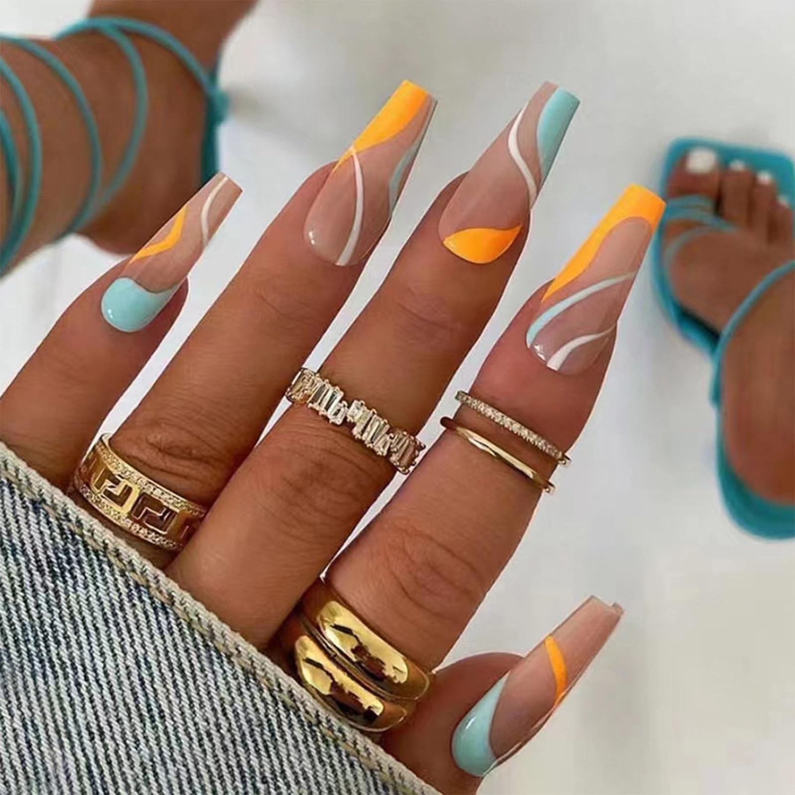 Long Press On Nails, Medium Length French Nails, Square Multi-Color Ripple Fa…