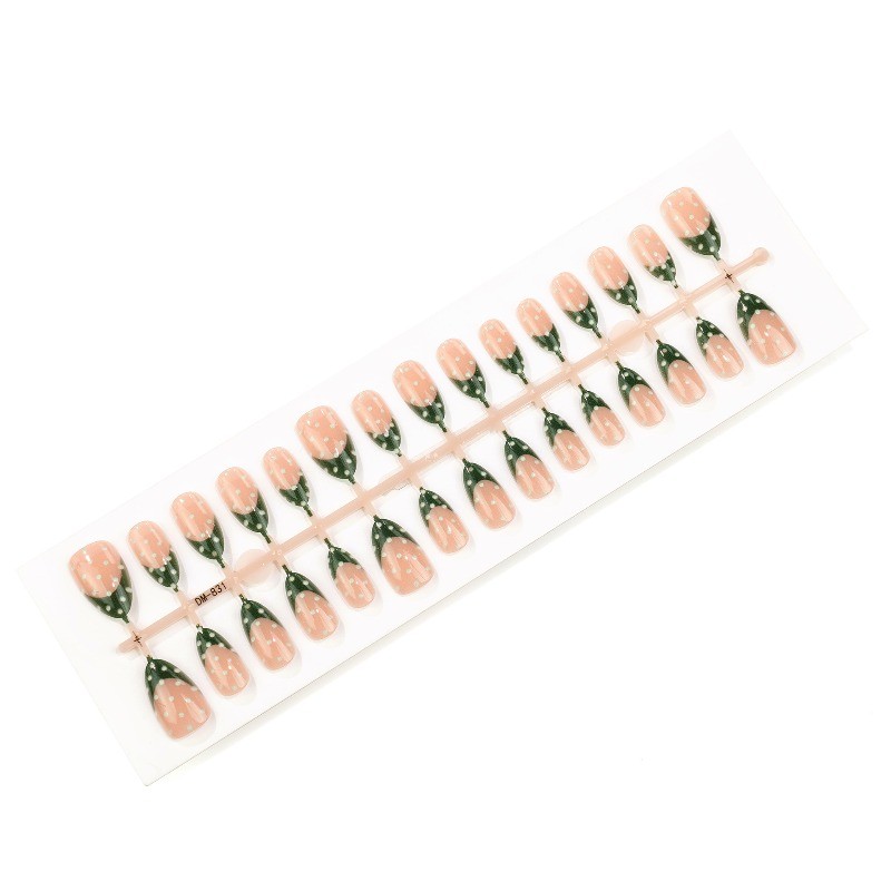 60Pcs Almond Press on Nails, Dark Green French White Dots Nude Daily Fake Nails