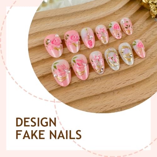 24Pcs Pink Press on Nails Short Almond Fake Nails with 3D pink floral charms