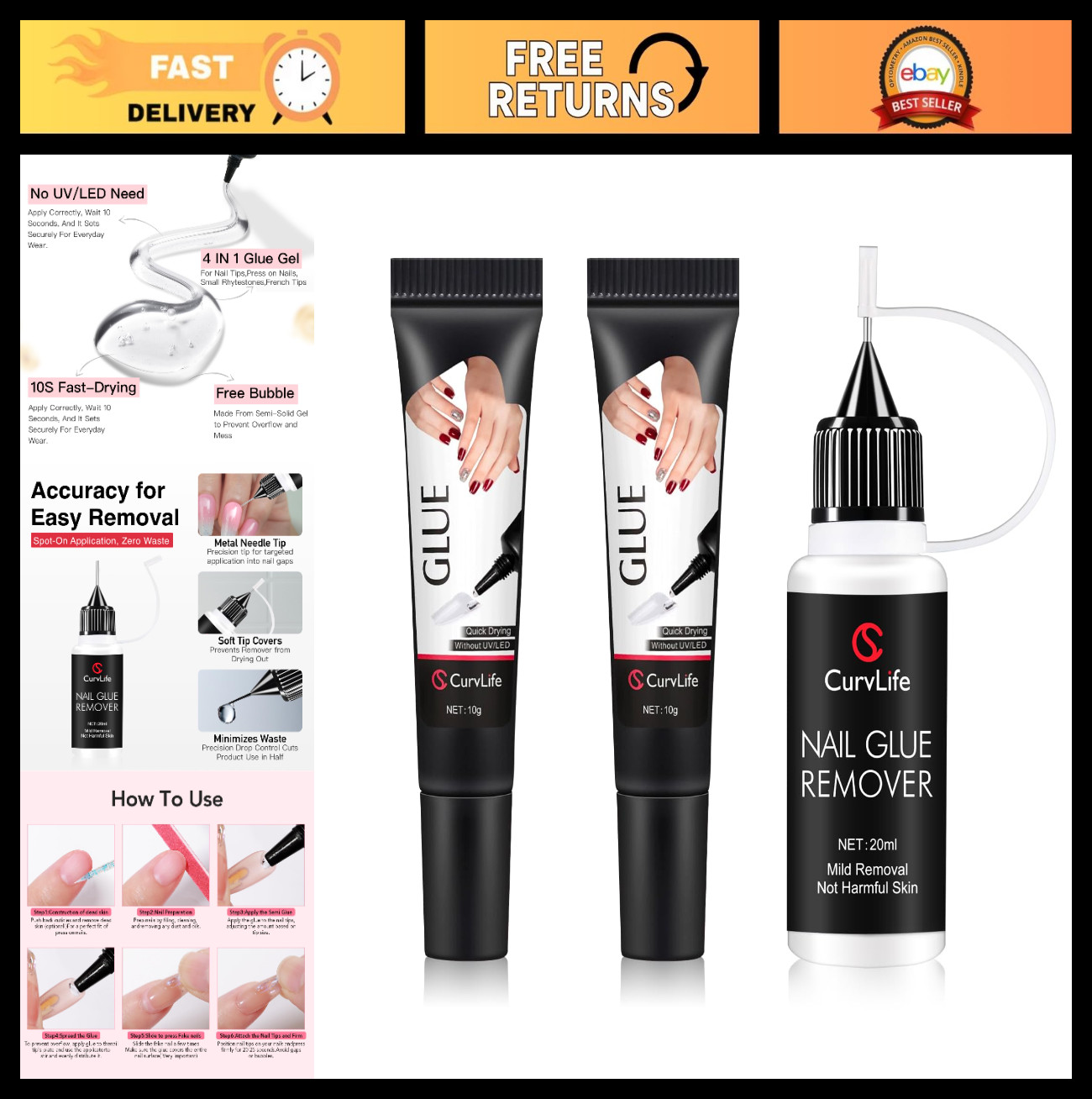 2pcs 10g Semi-Solid Glue Gel & 20ml Nail Glue Remover Kit – Quick Dry, No UV, No