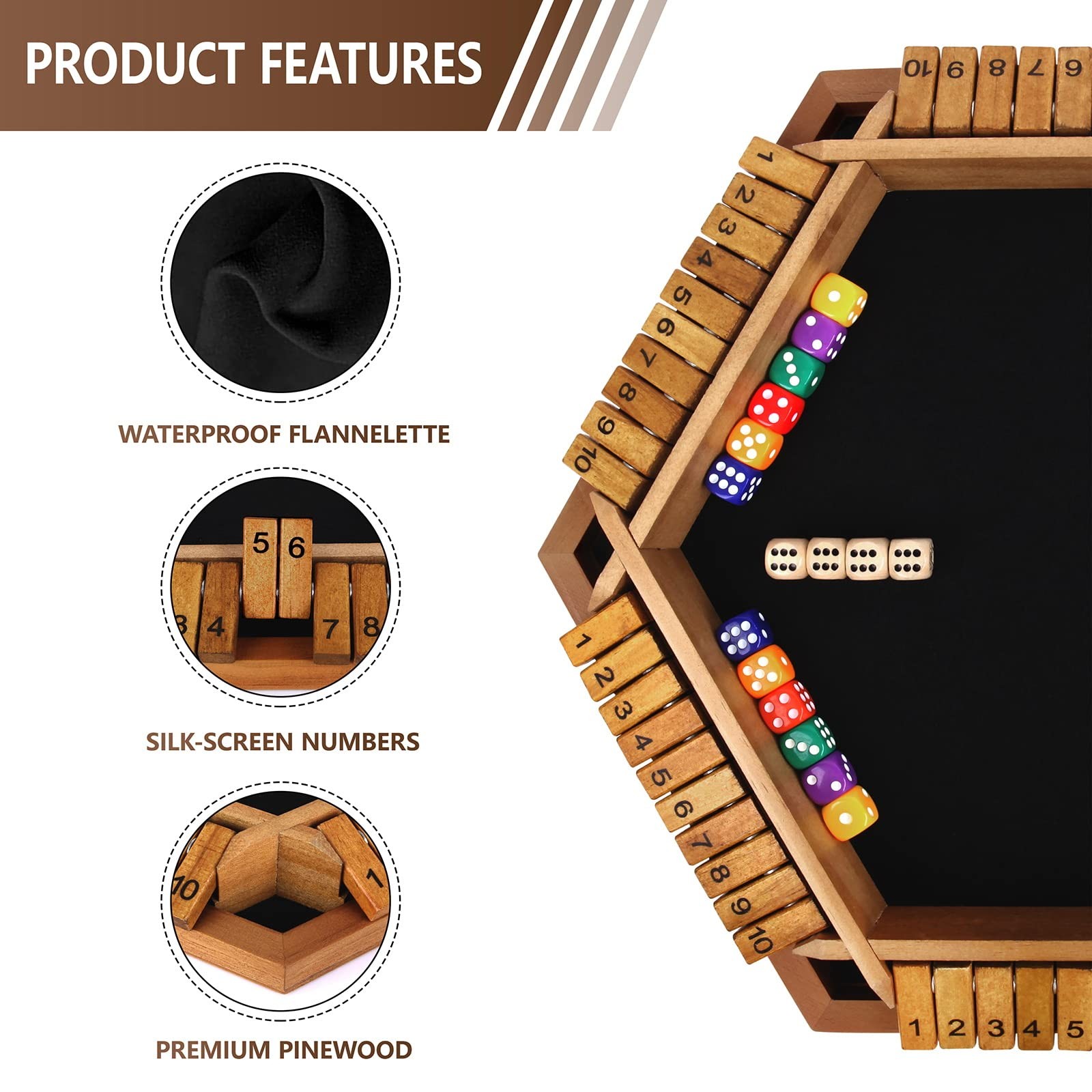Nicecho 2-6 Players Shut The Box Dice Game, Wooden Brown-15*13 inches, Brown