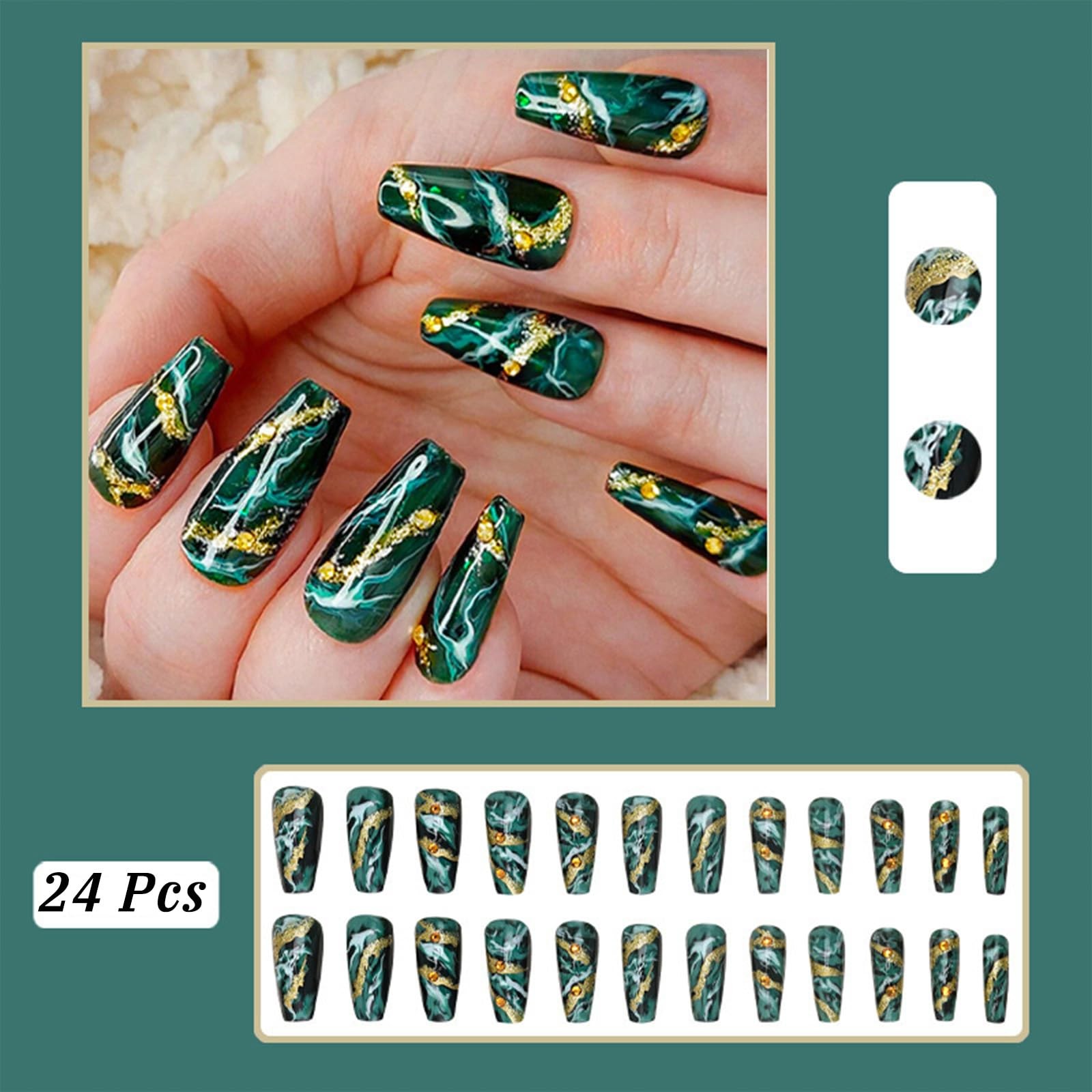 Green Press on Nails Medium Coffin Fake Nails Dark Green Marble False Nails Gold