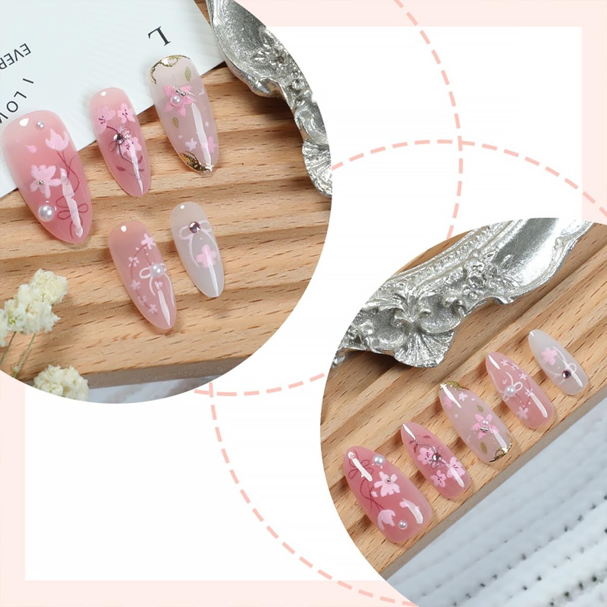 30Pcs Pink Flower Press on Nails Medium Almond 1 Ounce (Pack of 1), color