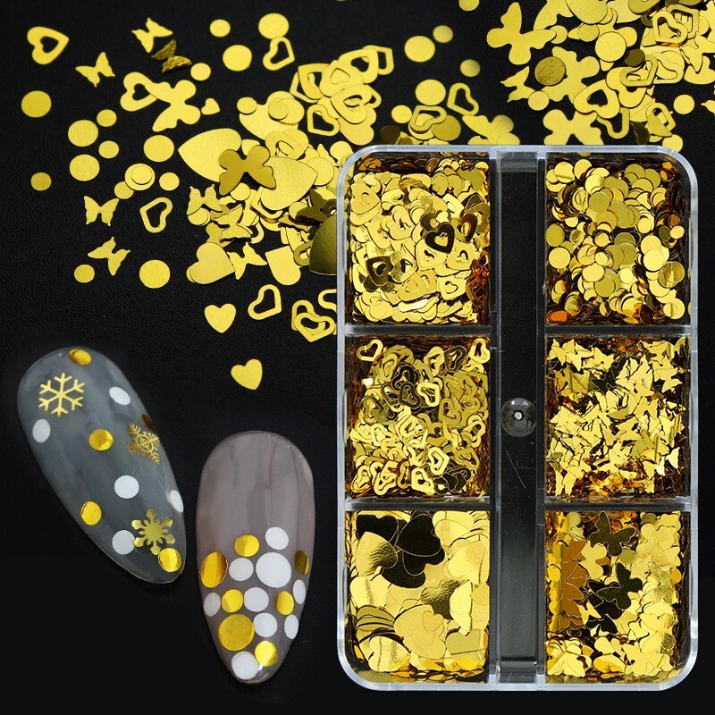 Nail Art Glitter Powder Butterfly /Heart/Flowers Sequins Flakes DIY Decor 6Grids