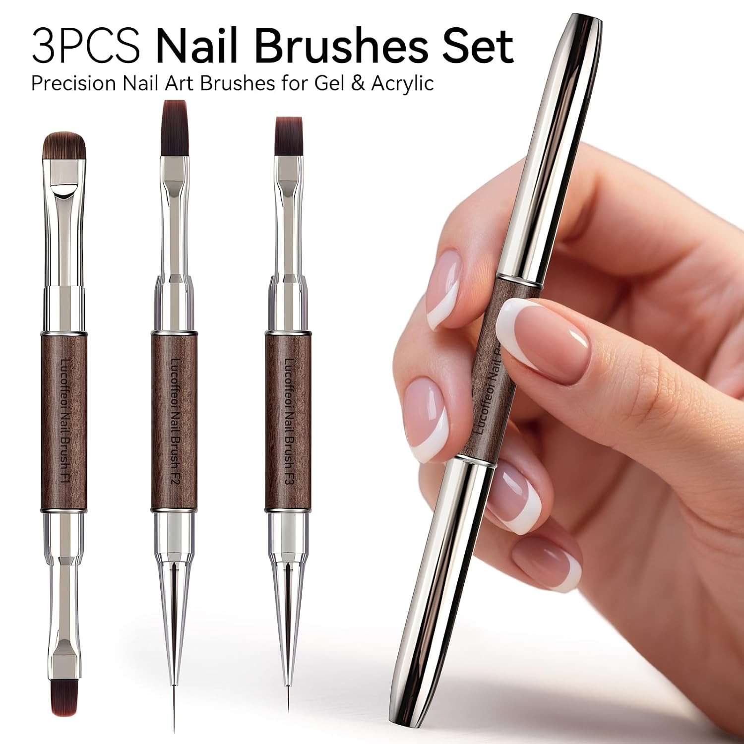 Nail Art Brushes Set – 3Pcs Dual-End for Clean up & French Tip | Builder Gel