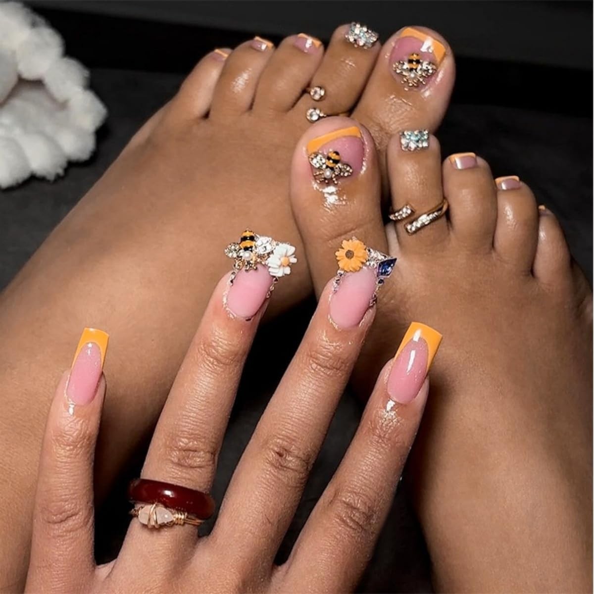 Flower Press on Nails and Toes Matching Set Square Fake Nails Rhinestone Bee …