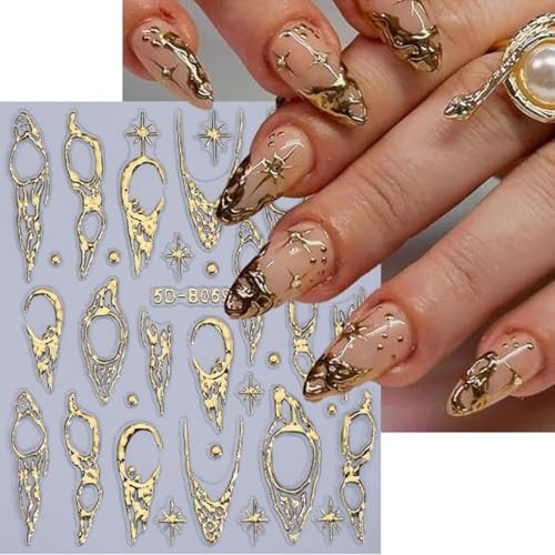 5D Metallic French Tips Nail Stickers Gold Silver Star flower nail decals-8
