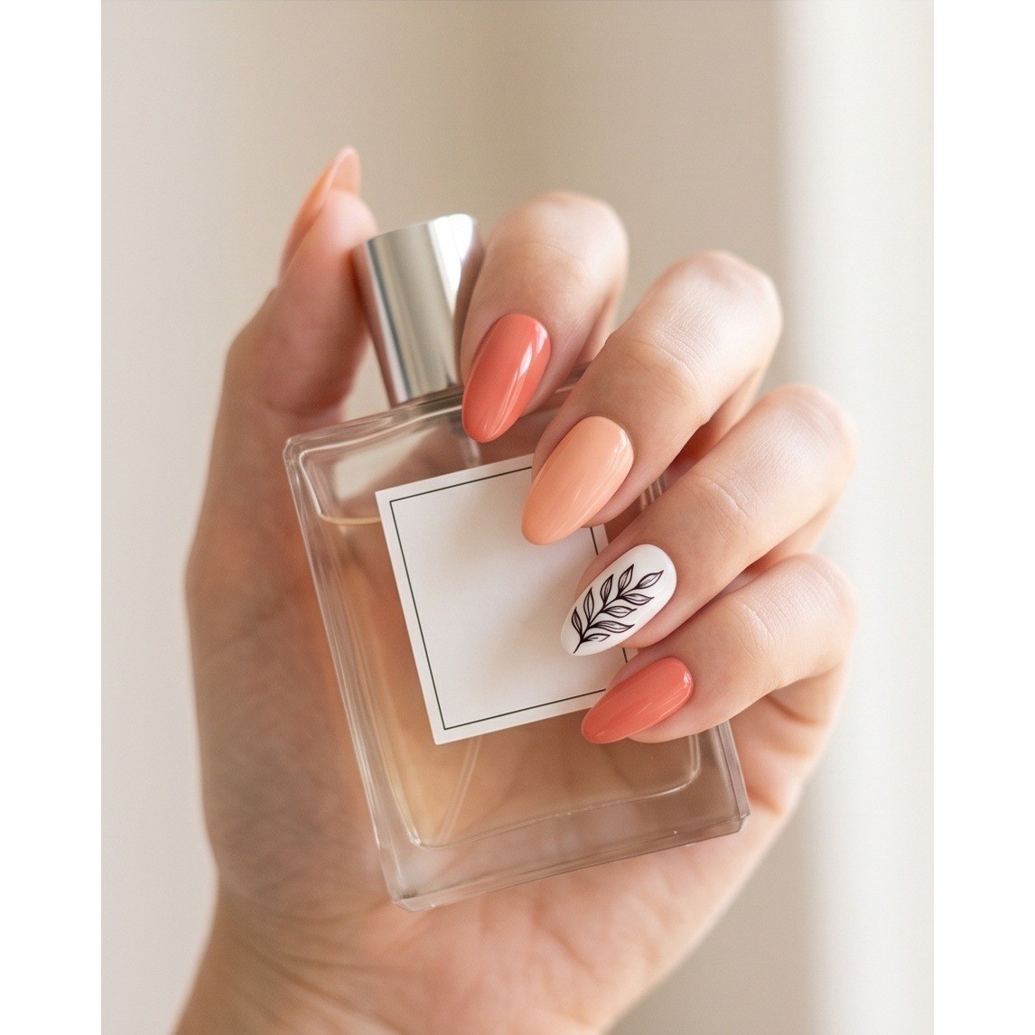 Tip Beauty Press On Nails Floral Botanical Peach Coral Long Almond Shape 24 NIB