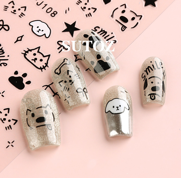 2Pcs Black White Cartoon Cat Dog Star French Nail Stickers Decoration J107 NS52