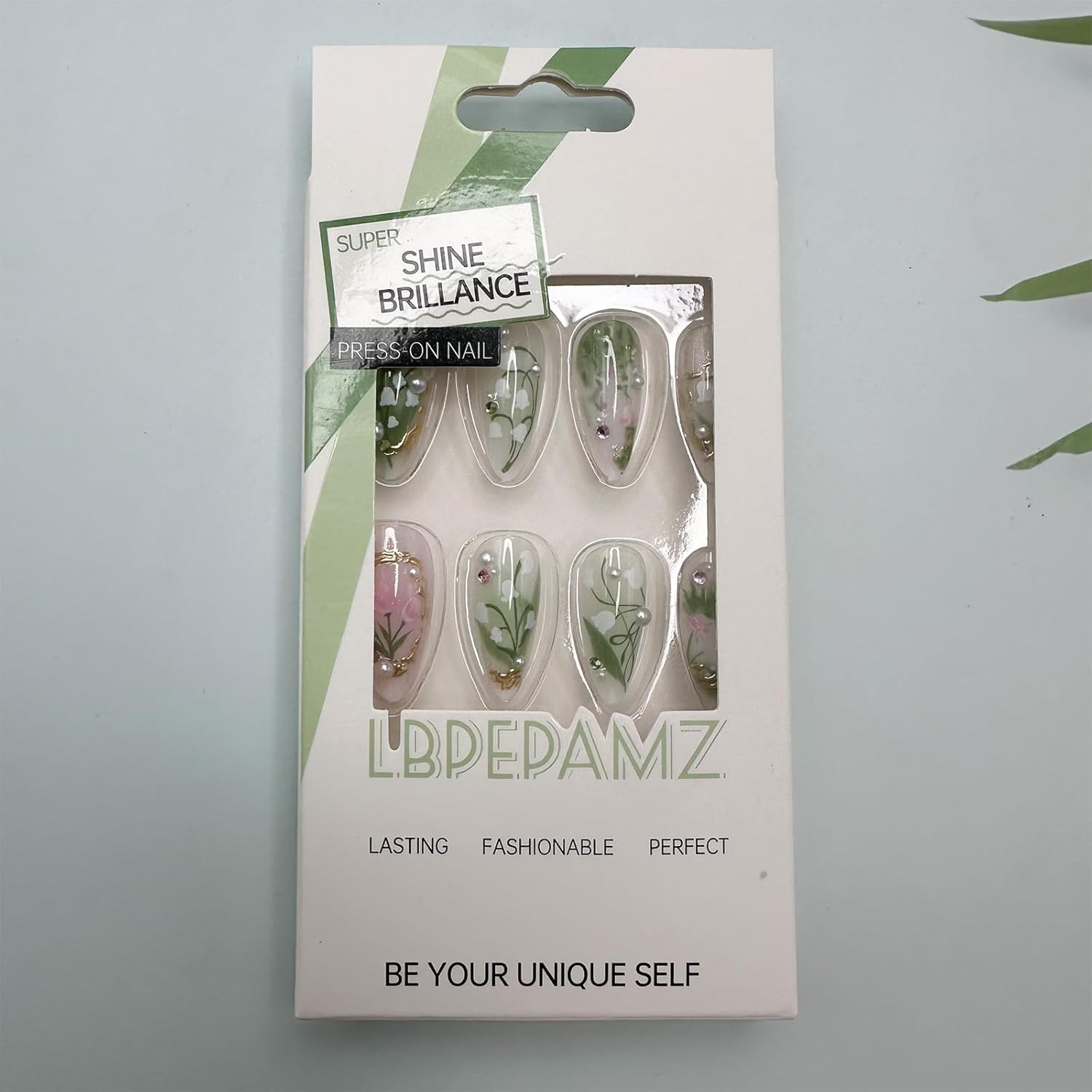 Green Press on Nails Medium Almond Fake Nails with 3D Pearl Rhinestones Designs