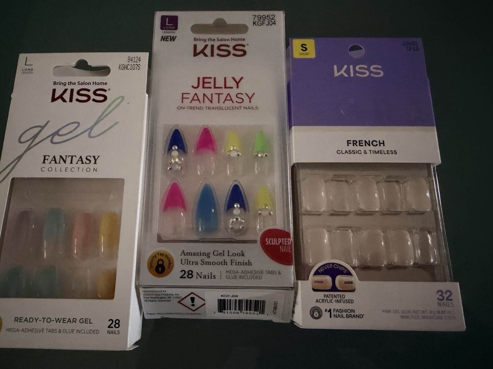 22 Kiss Glue-On Nails Lot Jelly Fantasy, Gel Fantasy, Glam Fantasy Long Med.