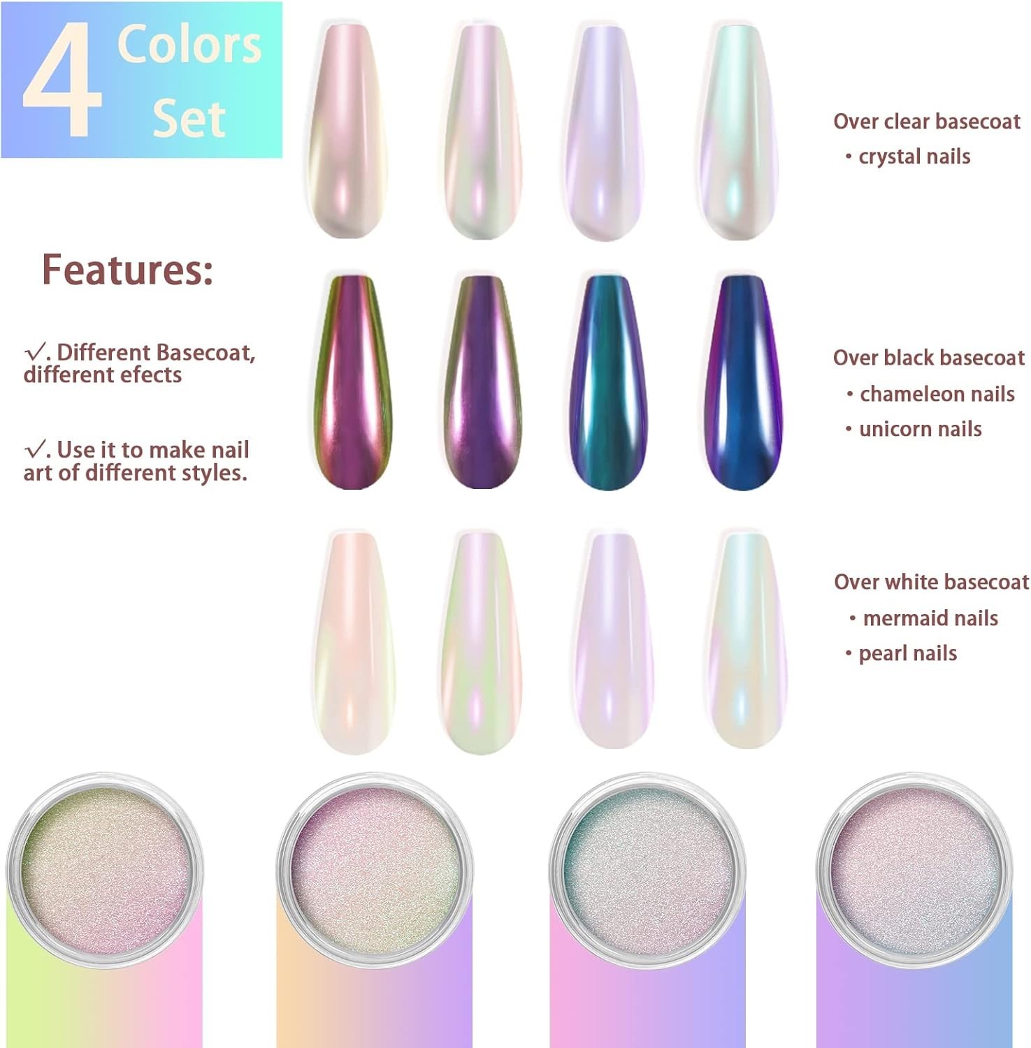 Pearlescent Chrome Nail Powder Set – 4 PCS for Professional-Level Nail Effects