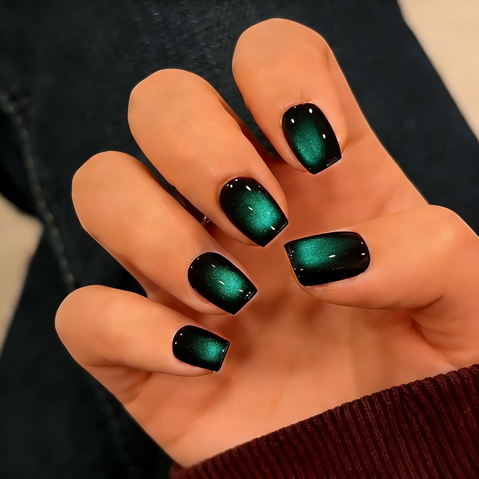 Cat Eye Press On Nails Short, 30 Pcs Glitter Black Turquoise black dark green