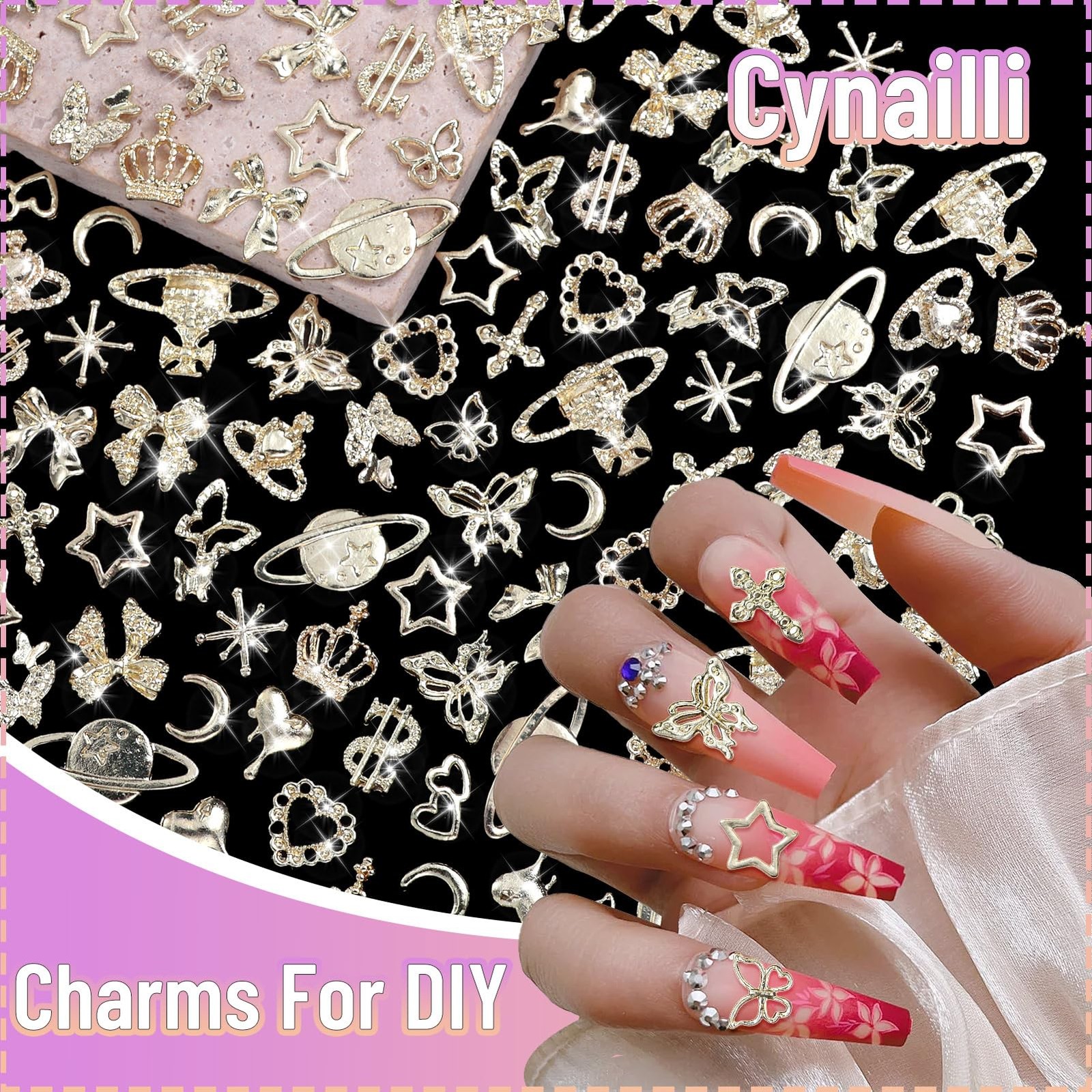 180 Pcs Gold Nail Charms and Gems, Bow Star Butterfly Cross Alloy Nail