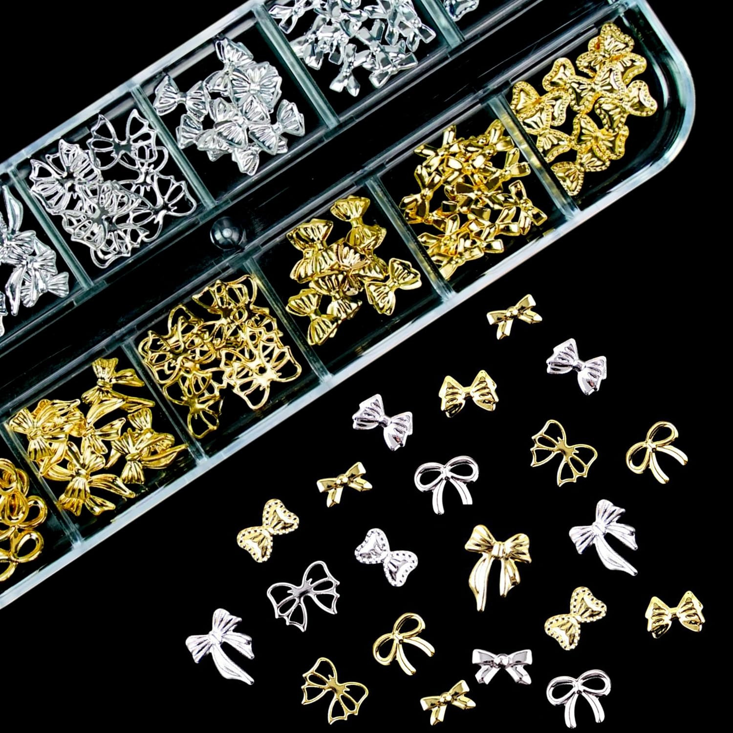1Box Gold Sliver Bow Nail Charms 12 Designs Assorted 3D Metal Bow Nail Rhineston